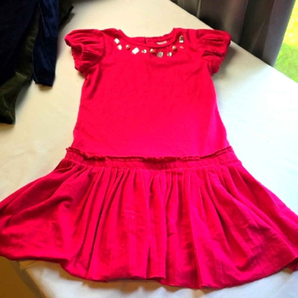 Gymboree Girl's Dress Fushcia With Faux Pearls/Gemstones Pleated Skirt Sz 8 EUC